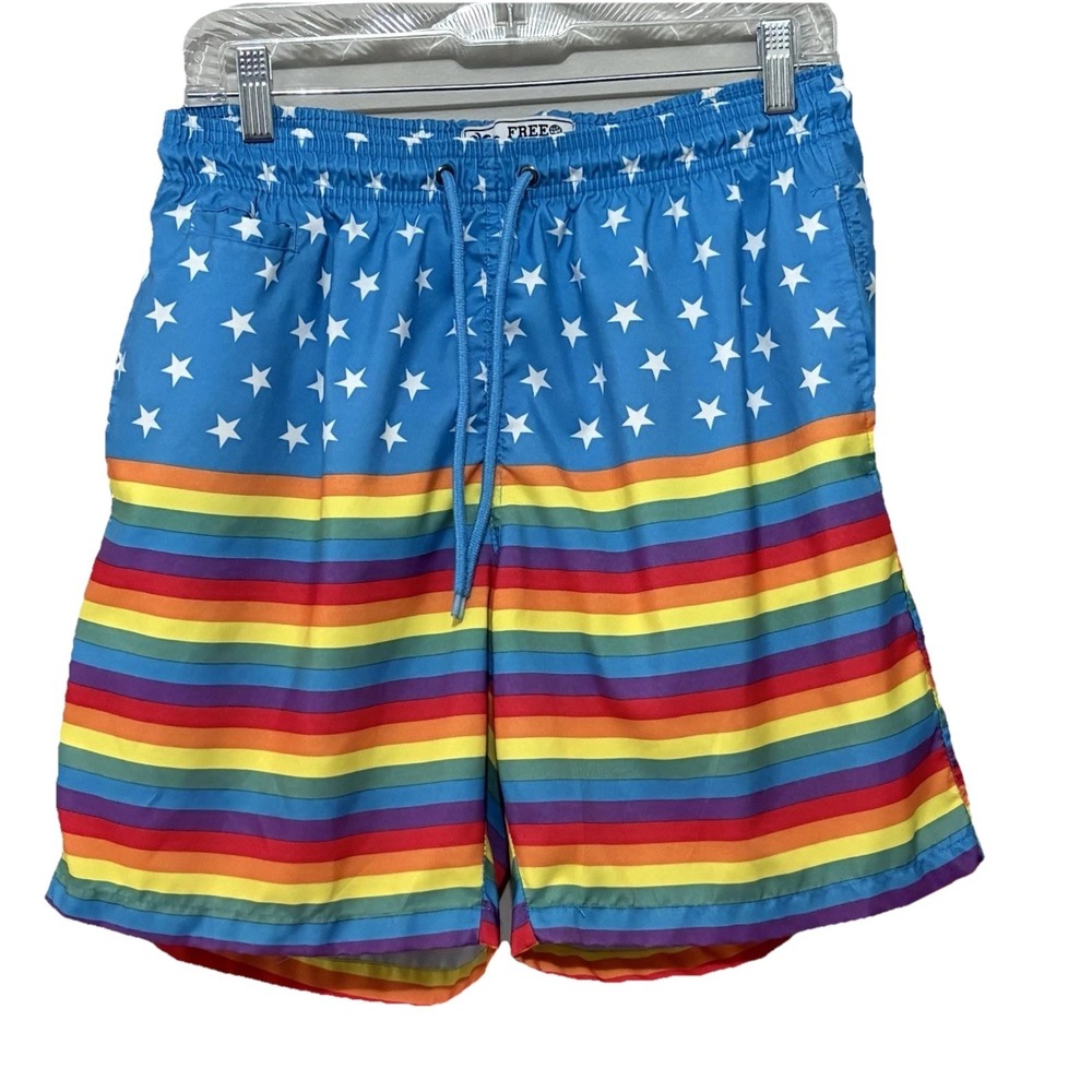 Free Planet Swim Trunks Men L Blue Stars Rainbow‎ Pride Stripe Mesh Beach
